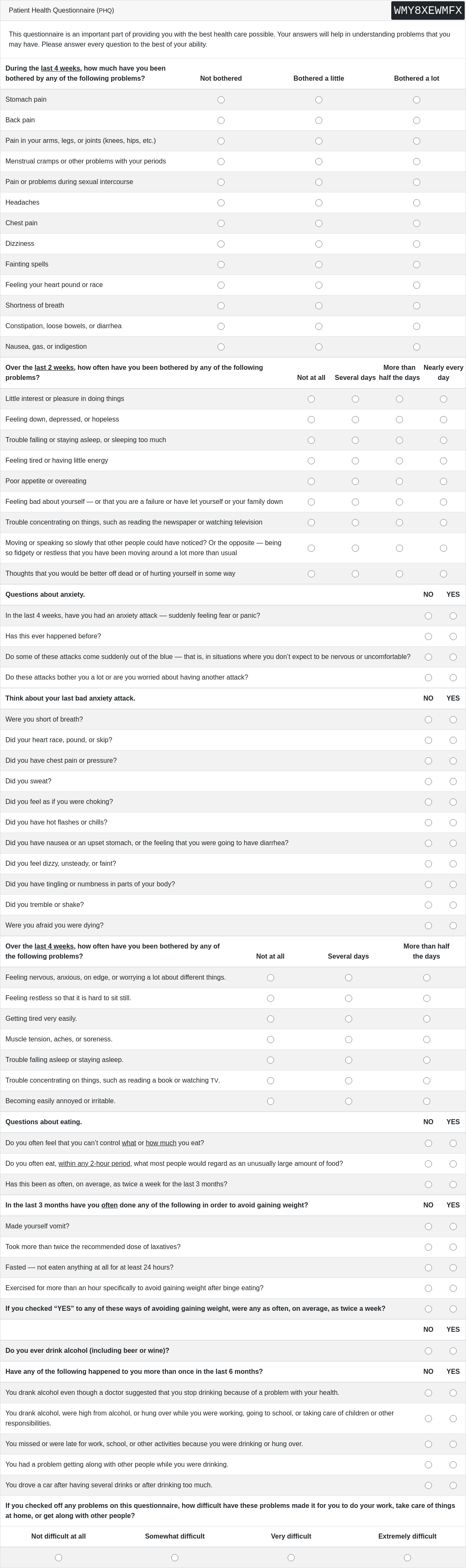 PHQ Questionnaire
