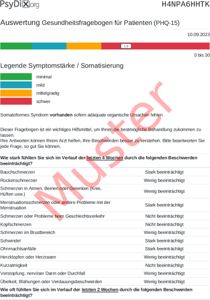PHQ-15-Auswertung PDF Bildschirmfoto