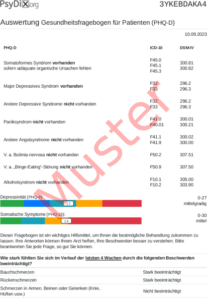 PHQ-D-Auswertung PDF Bildschirmfoto