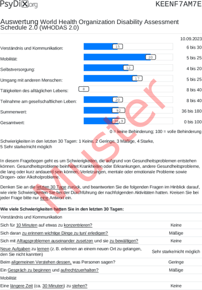 WHODAS 2.0-Auswertung PDF Bildschirmfoto