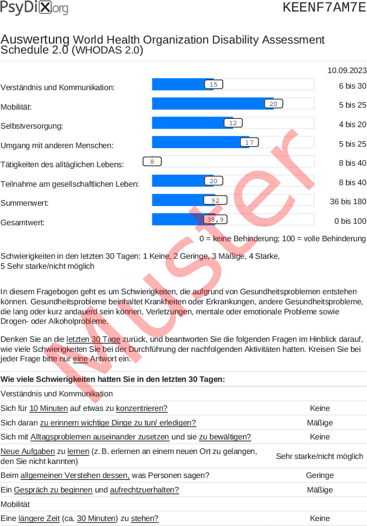 WHODAS 2.0-PDF-Auswertung